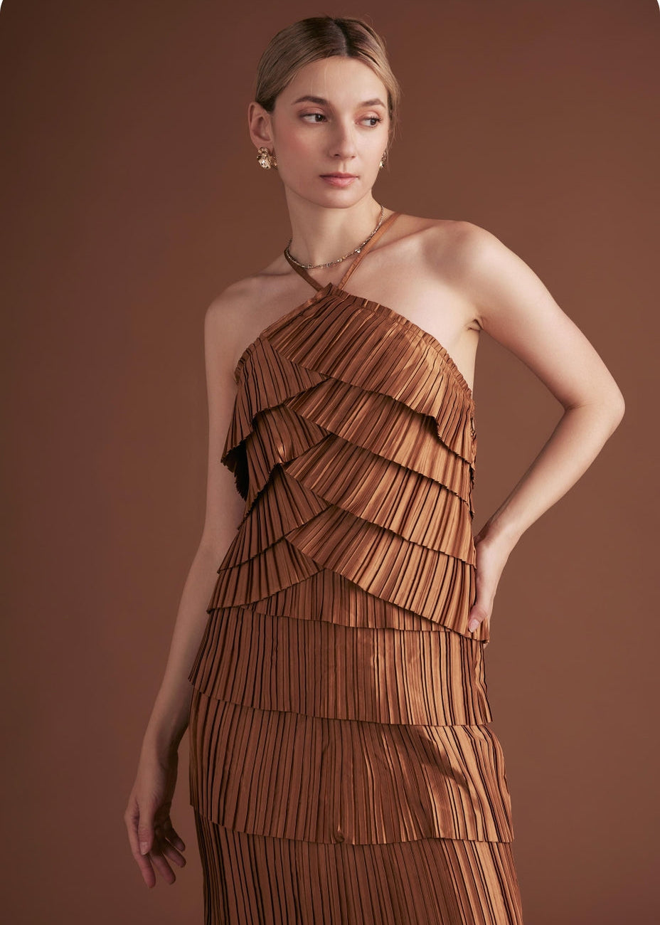 Pleated Satin Tiered Halter