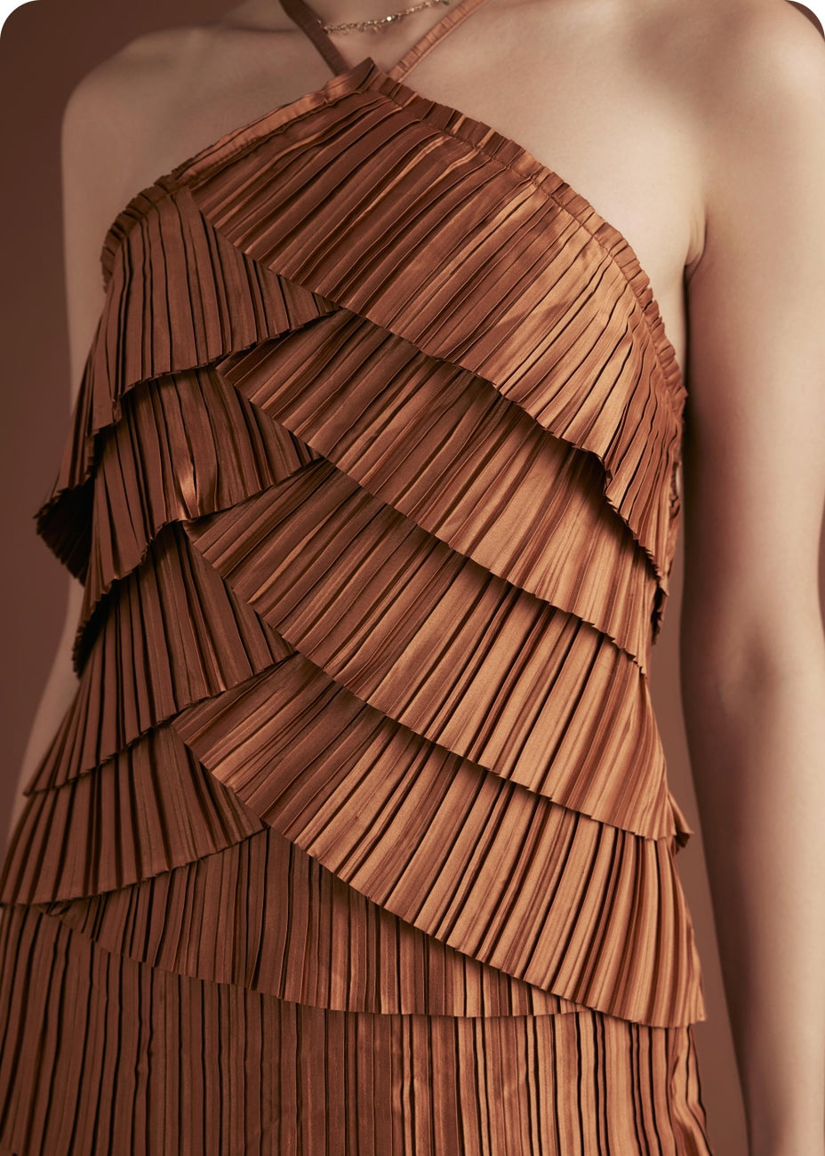 Pleated Satin Tiered Halter