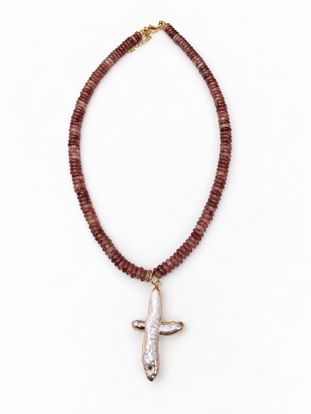 Stone Necklace with Pearl Cross