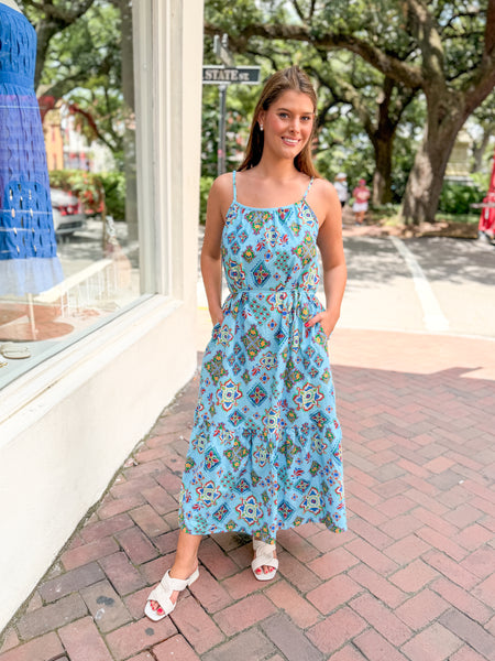 Majolica Tile Print Back Bead Detail Midi Dress M