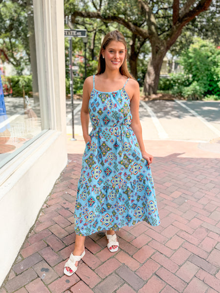 Majolica Tile Print Back Bead Detail Midi Dress