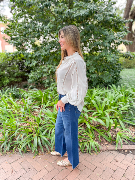 Edith Eyelet Lace-Trim Blouse